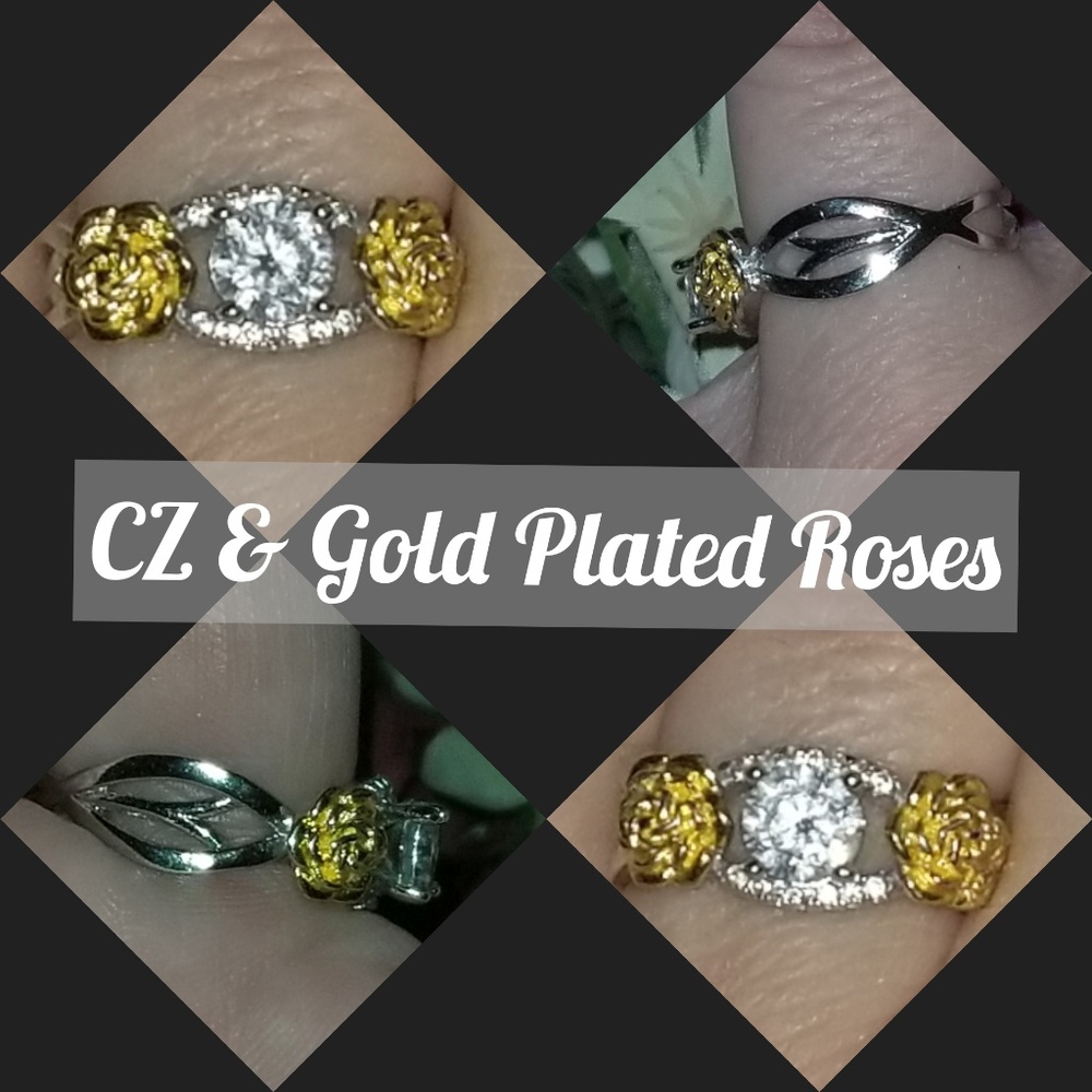 CZ Centered Between Two Golden Roses 🌹💍🌹